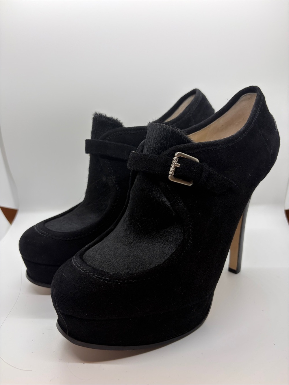 KORS Michael Kors Black Suede Platform Ankle Booties With Hair Calf Trim Size 10